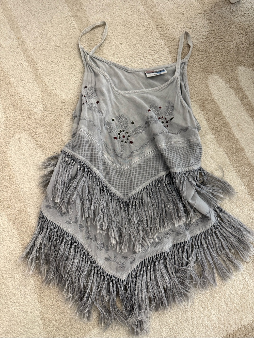 American Vintage Gray Fringe Embroidered Tank Top